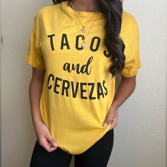 Rock Rose Couture Tacos and Cervezas T-Shirt Medium‎ Yellow Graphic Tee NWT - Picture 2 of 8